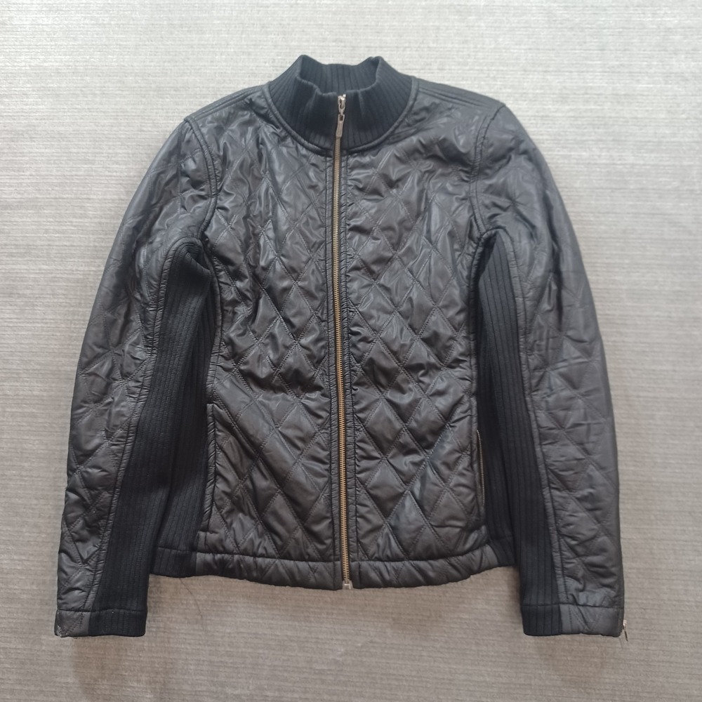 Prana Quilted Jacket Womens Large Black Full Zip Mock Neck Stretch Fleece Lined